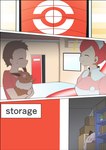 bandage brown_hair eyes_closed female feral hair male male/female open_mouth pink_hair plushie short_hair storage_room trainer midaten nintendo pokemon nurse_joy eevee generation_1_pokemon human mammal pokemon_(species) absurd_res comic hi_res