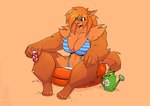 2023 anthro beverage_can bikini blue_eyes breasts brown_body brown_fur canid canine cleavage clothed clothing conditional_dnp female fur hair jollyjack kiddie_pool mammal mythological_canine mythological_creature mythology red_hair simple_background solo swimwear tan_background tongue tongue_out water watering_can were werecanid werecanine werewolf
