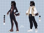 anthro black_body black_fur blue_background bottomwear brown_body brown_eyes brown_fur canid canine canis clothing color_swatch color_swatches colored dinnymotriz_(artist) domestic_dog ear_piercing facial_piercing footwear fur graph hi_res jacket letterman_jacket male mammal mari_(maril33) model_sheet nose_piercing nose_ring nude nude_anthro pants piercing ring_piercing septum_piercing septum_ring shoes simple_background solo sweatpants topwear white_body white_clothing white_footwear white_fur white_shoes