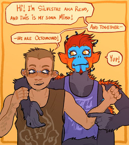 anthro blue_body blue_eyes bridge_piercing brown_hair clothed clothing duo ear_piercing ear_ring facial_piercing front_view fur grey_body grey_fur hair male male_anthro male_human mouth_closed multiple_piercings nose_piercing orange_body orange_fur piercing red_hair ring_piercing short_hair simple_background speech_bubble tan_body tan_skin text yellow_eyes 0ct0m0n0 miko_(0ct0m0n0) haplorhine human mammal monkey primate english_text hi_res