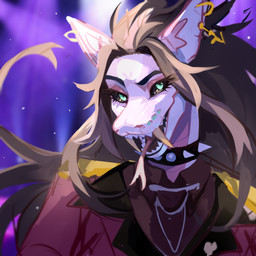 anthro big_fangs black_sclera blue_eyes blurred_background brown_hair clothed clothing collar ear_piercing ear_ring eyelashes fangs female forked_tongue front_view hair long_hair open_mouth piercing pink_body red_tongue ring_piercing simple_background solo spiked_collar spikes teeth tongue tongue_out topwear unsigned yellow_teeth corzh77 species_request 1:1 absurd_res bust_portrait detailed hi_res icon portrait