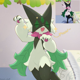 3_fingers ambiguous_gender anthro bed claws dancing eyes_closed finger_claws fingers flower_(anatomy) fur furniture green_body green_fur mask open_mouth open_smile pawpads paws smile solo sarent_stuff nintendo pokemon pokemon_pokopia generation_9_pokemon meowscarada pokemon_(species) 1:1 2026 hi_res
