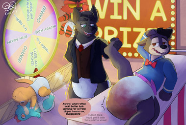 anthro biped black_body black_fur black_hair brown_eyes clean_diaper clothed clothing detailed_background diaper duo feces fur gambling game_show green_eyes grey_body grey_fur hair humiliation male open_mouth open_smile plushie pokemon_plushie school_uniform smile soiled_diaper soiling text toony unclean_diaper uniform used_diaper wearing_diaper wheel blushypanda nintendo pokemon canid canine canis dragonite feraligatr generation_1_pokemon generation_2_pokemon generation_7_pokemon incineroar mammal pokemon_(species) wolf 2025 digital_media_(artwork) english_text hi_res
