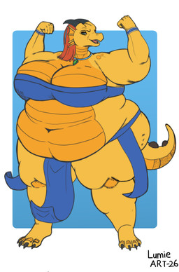 anthro belly belly_overhang belly_rolls big_belly big_breasts biped blue_eyes bottomwear breasts clothed clothing curvy_figure dancer_outfit eyelashes fat_rolls female fingers flexing front_view hair huge_belly huge_breasts huge_thighs loincloth looking_at_viewer muscular natural_breasts navel nipples obese obese_anthro obese_female open_mouth overweight overweight_anthro overweight_female pupils sharp_teeth simple_background smile solo standing tail teeth thick_thighs voluptuous voluptuous_anthro voluptuous_female wide_hips lumieart mythology dragon mythological_creature mythological_scalie scalie absurd_res hi_res