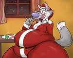 anthro belly belly_expansion belly_overhang belt_buckle big_belly buckle candy chocolate chocolate_chip_cookie chocolate_chips christmas_clothing christmas_cookies christmas_headwear clothing cookie costume dessert eating expansion food fur grey_body grey_fur hat headgear headwear holidays huge_hips huge_thighs inside looking_down looking_pleasured male mascot overweight overweight_male santa_costume santa_hat snow snowing solo tail thick_tail thick_thighs tight_clothing tongue tongue_out toony weight_gain wide_hips remmyfox christmas cookie_crisp chip_the_wolf canid canine canis mammal wolf absurd_res hi_res