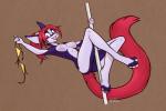 2017 anthro bra breasts canid canine clothing dancing digital_media_(artwork) dreamkeepers f-r95 female genitals hi_res indi_marrallang indigo_marrallang mammal nipples open_mouth pole pole_dancing pussy red_tail shaded solo striptease tail tongue underwear