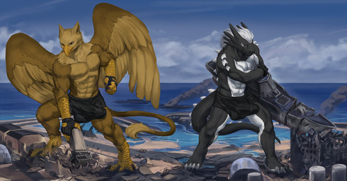 4_toes 5_fingers abs anthro balls balls_outline beach beak biceps biped black_body boxer_briefs brown_body building building_destruction bulge claws clothed clothing destruction detailed_bulge duo erection erection_under_briefs erection_under_clothing feathered_wings feathers feet finger_claws fingerless_gloves fingers fur genital_outline genitals gloves hair handwear house macro macro_anthro macro_male male military muscular muscular_anthro muscular_male outside paws pecs penile penis penis_outline purple_eyes rampage sea seaside ship sky smile tail toe_claws toes underwear vehicle vehicle_destruction warship water watercraft white_body white_fur white_hair wings elkaart mythology carpo sig_(me-havoc) avian dragon gryphon mythological_avian mythological_creature mythological_scalie scalie hi_res