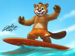 anthro brown_body brown_fur buckteeth clothing fur green_eyes male orange_clothing orange_swimming_trunks orange_swimwear outside sea seascape sky solo surfboard surfing swimming_trunks swimwear teeth water sagadreams beaver mammal rodent 4:3 hi_res