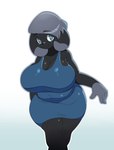 anthro big_breasts black_body blue_clothing blue_eyes breasts clothing female slightly_chubby slightly_chubby_female solo thick_thighs wide_hips nerobero0 lagomorph leporid mammal rabbit hi_res