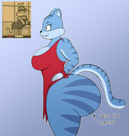 anthro big_butt black_nose blue_body blue_fur breasts bubble_butt butt fangs female fur hand_on_hip screencap solo tail teeth text inversecalamity evil_container yin_yang_yo! ti felid mammal pantherine tiger hi_res
