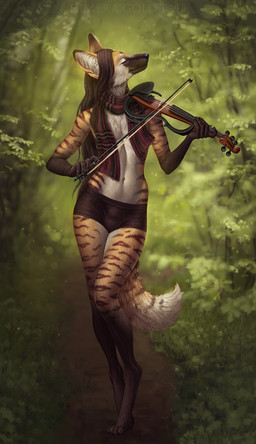 4_toes 5_fingers anthro biped bowed_string_instrument brown_body brown_fur brown_hair bulge clothed clothing day detailed_background detailed_bulge digitigrade eyes_closed feet femboy fingers forest front_view fur genital_outline grass hair hindpaw long_hair male musical_instrument outside paws plant sheath_outline solo string_instrument striped_body striped_fur stripes toes tree violin himeragoldtail heron_stellanimus canid canine mammal maned_wolf 2021 digital_media_(artwork) full-length_portrait hi_res portrait