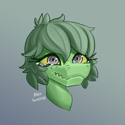 anthro bodily_fluids crying eyelashes female freckled_face freckles front_view green_body green_hair grey_background grey_eyes hair long_eyelashes medium_hair simple_background solo tears text yellow_sclera alexsavenije cavemanon_studios i_wani_hug_that_gator olivia_halford baryonyx dinosaur prehistoric_species reptile saurischian scalie spinosaurid theropod 1:1 artist_name colored headshot_portrait hi_res portrait shaded
