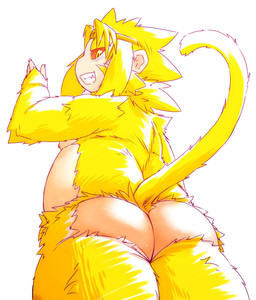 anthro belly biped butt fur kemono male simple_background slightly_chubby solo white_background yellow_body yellow_fur chiro_(artist) journey_to_the_west sun_wukong haplorhine mammal monkey primate 2016 hi_res
