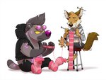 anthro belly bottomwear brown_nose clothing duo humanoid_hands knitting male pants purple_nose scarf simple_background sitting slightly_chubby white_background eclipticafusion breeze_in_the_clouds peb_(breeze_in_the_clouds) sodo_(breeze_in_the_clouds) canid canine canis hyena jackal mammal 2019 4:3