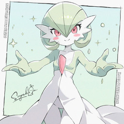 blush blush_stickers breasts eyelashes featureless_crotch female green_pseudo_hair long_eyelashes looking_at_viewer pink_eyes pseudo_hair simple_background small_breasts smile smiling_at_viewer solo sparkles white_body soy-chan nintendo pokemon gardevoir generation_3_pokemon humanoid pokemon_(species) 2026 signature
