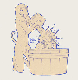 animal_genitalia anthro balls bathing bucket closed_smile container duo floppy_ears fully_sheathed fur genitals holding_bucket holding_container holding_object humanoid_hands in_bucket in_container kneeling lop_ears male mouth_closed nude_anthro nude_male open_mouth pouring pouring_on_another pouring_water sharp_teeth sheath simple_background smile tail tan_background tan_body tan_fur teeth water koiranmaitoa canid canine canis domestic_dog hunting_dog mammal sighthound 2018