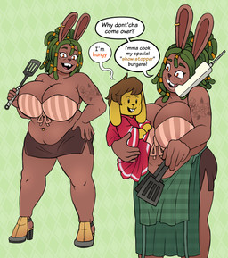 anthro belly belly_folds belly_overhang big_breasts breasts dreadlocks duo ear_piercing fat_rolls female huge_breasts love_handles male male/female mature_female navel navel_piercing piercing slightly_chubby thick_thighs ponehanon big_bun_burgers dun_(ponehanon) kimberly_(ponehanon) lagomorph leporid mammal rabbit hi_res mother_(lore) mother_and_child_(lore) mother_and_son_(lore) parent_(lore) parent_and_child_(lore) parent_and_son_(lore) son_(lore)