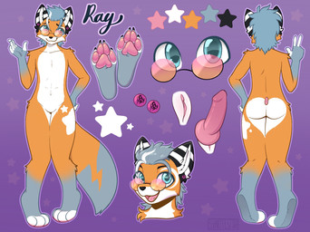 anthro blue_body blue_eyes blue_fur blue_hair butt butt_heart clit_dick ear_piercing erection eyewear fur genitals hair highlights_(coloring) knot knotted_penis leg_markings male markings moon_(marking) mullet orange_body orange_fur pawpads penis piercing slicked_back_hair socks_(marking) solo star_(marking) striped_ears sunglasses text vulva white_chest white_fingers white_highlights white_toes sshartfest rayfaux canid canine fox fox_spirit mammal hi_res japanese_text model_sheet