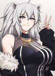 breasts clothed clothing ear_piercing female fur-trimmed_jacket fur_jacket fur_trim_(clothing) gesture grey_eyes grey_hair hair hand_gesture piercing solo v_sign airisubaka hololive vtuber shishiro_botan animal_humanoid felid felid_humanoid humanoid lion_humanoid mammal mammal_humanoid pantherine pantherine_humanoid 2021 hi_res