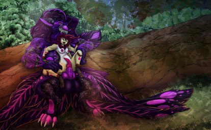 3_fingers 4_arms abdominal_bulge antennae_(anatomy) anthro areola balls bared_teeth biceps big_balls big_breasts big_feet blinking bodily_fluids breasts claws deep_penetration detailed_background duo exposed_breasts feathers feet female fingers forked_tongue fur genitals glowing glowing_markings gynomorph hair head_feathers herm inner_ear_fluff intersex intersex/intersex knot mane markings membrane_(anatomy) multi_arm multi_limb muscular muscular_intersex nipples nude open_mouth orange_pupils paws penetration penile_spines penis pink_body pink_fur pink_markings portal pupils purple_body purple_hair sex size_difference spread_vulva spreading stretched_vagina tail tail_feathers teeth toe_claws tongue tree_stump tuft vulva webbed_hands whiskers white_tummy yellow_body yellow_gums zeyoart lady_kettuna_of_cuddlealot ninin arthropod celestial_being hybrid insect lepidopteran moth unknown_species absurd_res hi_res huge_filesize