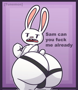 anthro big_butt butt dialogue looking_at_viewer looking_back looking_back_at_viewer male profanity solo text tunemon sam_and_max max_(sam_and_max) lagomorph leporid mammal rabbit english_text hi_res
