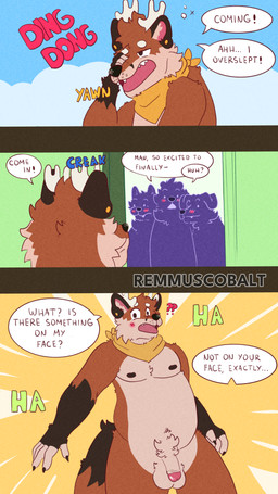 anthro balls belly caught circumcised dialogue doorbell embarrassed exposed genitals group half_asleep humiliation male male/male nipples nude penis text remmus_cobalt antelope bovid canid canine fox hybrid mammal 4k 9:16 absurd_res comic english_text hi_res