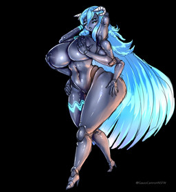4_eyes 5_fingers 6_arms areola big_areola big_breasts big_nipples black_background blue_eyes blue_hair breasts female fingers genitals hair horn huge_areola huge_nipples multi_arm multi_eye multi_limb navel nipples nude simple_background solo vulva gausscannon arachnid arthropod spider 2020 absurd_res hi_res