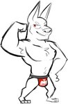 anthro barefoot clothed clothing feet flexing_muscles jockstrap jockstrap_only male muscular muscular_male open_mouth red_clothing red_jockstrap red_underwear simple_background smile solo standing teeth_showing topless underwear underwear_only white_background goronic nintendo the_legend_of_zelda wind_waker canid canine canis darknut dobermann domestic_dog mammal pinscher digital_media_(artwork) full-length_portrait portrait