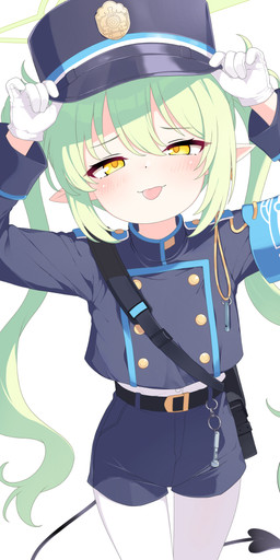belt blue_bottomwear blue_clothing blue_hat blue_headwear blue_shirt blue_shorts blue_topwear blush bottomwear clothing female gloves green_hair hair hair_between_eyes half-closed_eyes handwear hat headgear headwear legwear long_hair narrowed_eyes pantyhose pointy_ears prick_ears shirt shorts simple_background tail tongue tongue_out topwear whistle_(object) white_background white_clothing white_gloves white_handwear white_legwear white_pantyhose white_shirt white_topwear yellow_eyes young young_female young_humanoid didac_fantasy blue_archive nexon nozomi_(blue_archive) demon demon_humanoid humanoid tailed_humanoid absurd_res hi_res