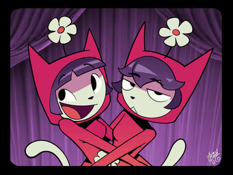 anthro circus clothed clothing duo female female/female flower_accessory full_body_suit fur hair hug hugging_another inside juggling looking_at_viewer open_mouth smile tail text tongue tongue_out topwear trick ibrah_(artist) kiki_(ibrah) pippi_(ibrah) domestic_cat felid feline felis mammal 4:3 animated digital_media_(artwork) english_text signature