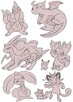 2_tails all_fours ambiguous_gender antennae_(anatomy) anthro chibi claws eyes_closed feral finger_claws fluffy fluffy_tail group head_tentacle multi_tail open_mouth simple_background sitting standing tail toe_claws wings yakiniku628 nintendo pokemon dragonite fennekin floatzel generation_1_pokemon generation_2_pokemon generation_3_pokemon generation_4_pokemon generation_6_pokemon generation_7_pokemon legendary_pokemon meowth mightyena pikachu pokemon_(species) steenee suicune hi_res monochrome