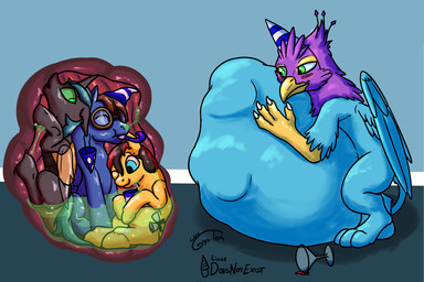 abdominal_bulge avian_feet beak blue_body bodily_fluids exoskeleton feathered_crest feathered_wings feathers female female_prey feral feral_pred feral_prey fully_inside green_eyes group head_crest inside_stomach internal male male_pred male_prey multiple_prey organs paws pink_body quadruped same_size_vore southern_belle stomach stomach_acid tail tail_tuft tuft vore wings doesnotexist gyrotech friendship_is_magic hasbro my_little_pony mythology gyro_feather seaward_skies xodious arthropod avian bird changeling_(mlp) earth_pony equid equine galliform gryphon horse mammal mythological_avian mythological_creature mythological_equine peafowl pegasus phasianid pony 3:2 digital_media_(artwork) hi_res