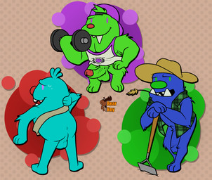 backwards_baseball_cap backwards_hat balls baseball_cap bottomless butt clothed clothing erection exercise genitals group hat headgear headwear humanoid_genitalia humanoid_penis male penis trio weightlifting workout lewdbearboy bugsnax young_horses chandlo_funkbun filbo_fiddlepie wambus_troubleham grumpus absurd_res hi_res