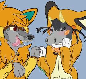 anthro blush brown_hair clothing cosplay costume duo eyes_closed fur gesture grey_body grey_fur hair high_five looking_at_another male pawpads pink_pawpads pink_tongue red_eyes tongue 2001maxx conditional_dnp mythology nintendo pokemon dawnsnout_smootheye maxx_(2001maxx) canid canine canis domestic_dog dragon husky jellydragon mammal mythological_creature mythological_scalie nordic_sled_dog scalie spitz