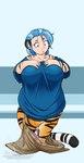 big_breasts blue_clothing blue_hair blue_shirt blue_topwear bottomwear breasts clothing female hair hand_on_breast looking_down pants shirt short_stack shrinking simple_background size_transformation solo standing surprised tail topwear transformation underwear blueberrysnow seriva animal_humanoid felid felid_humanoid humanoid mammal mammal_humanoid pantherine pantherine_humanoid tiger_humanoid 2024 digital_media_(artwork) hi_res