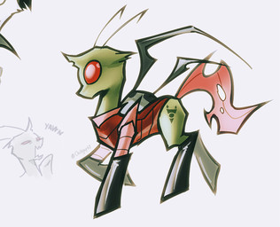 ambiguous_gender antennae_(anatomy) clothed clothed_feral clothing cutie_mark feral horn irken_armada_logo irken_uniform open_mouth pak ponification quadruped red_eyes simple_background solo tail text walking wings yawn chillguy42 friendship_is_magic hasbro invader_zim my_little_pony nickelodeon zim_(invader_zim) alien arthropod changeling_(mlp) equid equine irken mammal digital_media_(artwork) english_text