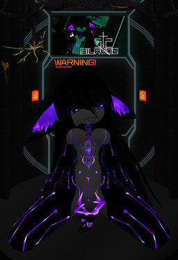 anthro black_body black_hair breasts cable chain chain_leash electricity electronics fur glowing glowing_eyes hair kneeling laboratory leash long_hair looking_at_viewer markings metal navel purple_eyes smile solo spread_legs spreading teeth television white_body white_fur silavos made_in_abyss vrchat fan_character domestic_cat felid feline felis mammal narehate hi_res watermark