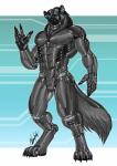 4_toes 5_fingers anthro blue_eyes digitigrade feet fingers fur glistening glowing glowing_eyes grey_body grey_fur machine male nude simple_background solo standing text toes rhinoking android badger mammal mustelid musteline robot robot_anthro 2019 english_text hi_res