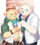 anthro belly blush bottomwear clothed clothing dessert duo eyewear food glasses heart_symbol hoodie hug humanoid_hands ice_cream kemono male male/male necktie open_clothing open_hoodie open_shirt open_topwear overweight overweight_male pants scarf shirt topwear sora_idiotka lifewonders tokyo_afterschool_summoners cu_sith_(tas) leib_(tas) bear canid canine canis domestic_dog mammal polar_bear ursine 2022 hi_res