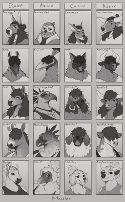 alternate_species anthro beak clothed clothing ear_piercing ear_ring ear_stud fangs female female_anthro front_view hair hair_over_eyes male male_anthro mouth_closed obscured_eyes open_mouth piercing ring_piercing simple_background solo teeth text tongue tongue_out jezzlen chuy_(jezzlen) lizz_(jezzlen) logan_(jezzlen) millie_(jezzlen) mollie_(jezzlen) accipitrid accipitriform asinus athene_(genus) avian beef_cattle bird bovid bovine burrowing_owl canid canine canis cattle chicken chihuahua domestic_dog donkey draft_mule eagle equid equine galliform harpy_eagle hereford_cattle highland_cattle horse hybrid mammal mule owl peafowl phasianid pony secretary_bird shih_tzu silkie_chicken texas_longhorn toy_dog true_owl wolf absurd_res bust_portrait english_text hi_res monochrome multiple_images portrait sketch