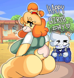 anthro big_breasts big_butt blush bottomless breasts butt clothed clothing cutlery duo female fork kitchen_utensils knife outside tools yellow_body lewd_dorky animal_crossing nintendo isabelle_(animal_crossing) canid canine canis domestic_dog mammal hi_res