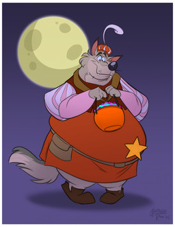 anthro badge belly belt belt_pouch big_belly border candy claws clothed clothing costume dessert fangs finger_claws food footwear full_moon fur grey_body grey_fur halloween_bucket hat hat_feather headgear headwear huge_belly looking_down loose_feather male moon obese obese_anthro obese_male overweight overweight_anthro overweight_male pantsless shoes smile solo star tail teeth white_border jarggyroo disney robin_hood_(disney) sheriff_of_nottingham teddy_(hazeldude) canid canine canis mammal wolf hi_res