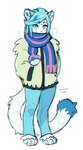 alternate_species ambiguous_gender anthro barefoot biped blue_bottomwear blue_clothing blue_eyes blue_hair bottomwear chromatic_aberration clothing eyebrows feet gym_leader hair hand_in_pocket hindpaw jacket leopard_spots male paws pockets scarf simple_background solo spots standing topwear white_background miri nintendo pokemon grusha_(pokemon) chien-pao felid generation_9_pokemon legendary_pokemon mammal pokemon_(species) 2022 artist_name dated digital_media_(artwork) full-length_portrait hi_res portrait sketch