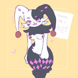 anthro bodily_fluids breasts drooling dupin_(palworld) fangs female fur genitals jester looking_at_viewer multicolored_body pink_body saliva solo standing teeth thick_thighs vulva white_body white_fur wide_hips midorimonsta palworld pocketpair pal_(species) 1:1 absurd_res hi_res