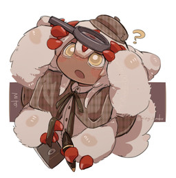 claws clothing dark_body dark_skin detective detective_hat female fluffy_arms fur hat headgear headwear magnifying_glass open_mouth pen question_mark red_claws simple_background solo white_background yellow_eyes ringi_kinoko made_in_abyss faputa humanoid narehate hi_res