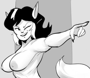 anthro big_breasts breasts female fluffy fluffy_tail gesture hair hand_gesture nipples nude one_eye_closed parody pointing solo tail wink dbaru american_psycho hanna-barbera swat_kats felina_feral domestic_cat felid feline felis mammal 2021 meme monochrome