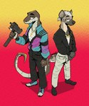 anthro boots bottomwear clothed clothing duo footwear gun jacket mac-10 male pants ranged_weapon shoes simple_background sneakers submachine_gun topwear weapon mawkvlt hyena mammal scalie 5:6 hi_res