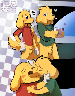 2_panel_comic abstract_background animal_genitalia anthro balls black_nose bottomless bottomless_anthro bottomless_male checkered checkered_background cheek_blush clothed clothing cosmic_background duo electronic_device eyebrows floppy_ears fluffy fluffy_tail fully_sheathed fur genitals gloves handwear hug humor making_out male male/male pantsless_anthro pantsless_male pattern_background pink_nose red_clothing red_shirt red_t-shirt red_topwear sheath shirt shirt_only simple_background space space_background t-shirt tail topwear topwear_only white_clothing white_gloves white_handwear yellow_body yellow_fur yellow_sclera howzit_toyah glitch_productions the_amazing_digital_circus yoshi_and_toad_kissing howzit_(character) scratch_(tadc) bird_dog canid canine canis domestic_dog golden_retriever hunting_dog mammal retriever 2026 absurd_res dated hi_res meme