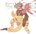 anthro armor claws cybernetics genitals gun gun_arm hair handgun headgear helmet machine male orange_body penis prehensile_penis ranged_weapon red_hair revolver solo striped_body stripes text weapon wings p.v.su bandai_namco digimon cyborg digimon_(species) rizegreymon scalie english_text hi_res