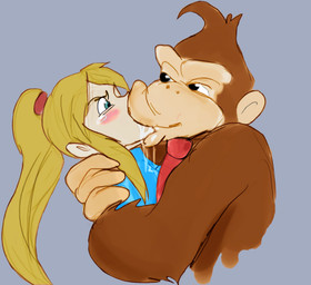 accessory anthro bestiality blonde_hair blue_clothing blue_suit blush blushing_profusely bodily_fluids brown_body brown_fur clothing drooling duo female feral fur hair kiss_on_lips kissing larger_male male male/female necktie old_artwork questionable_consent red_hairband red_necktie saliva saliva_string size_difference suit zero_suit haz3y third-party_edit ungulatr donkey_kong_(series) metroid nintendo donkey_kong_(character) samus_aran ape gorilla haplorhine human mammal primate absurd_res hi_res